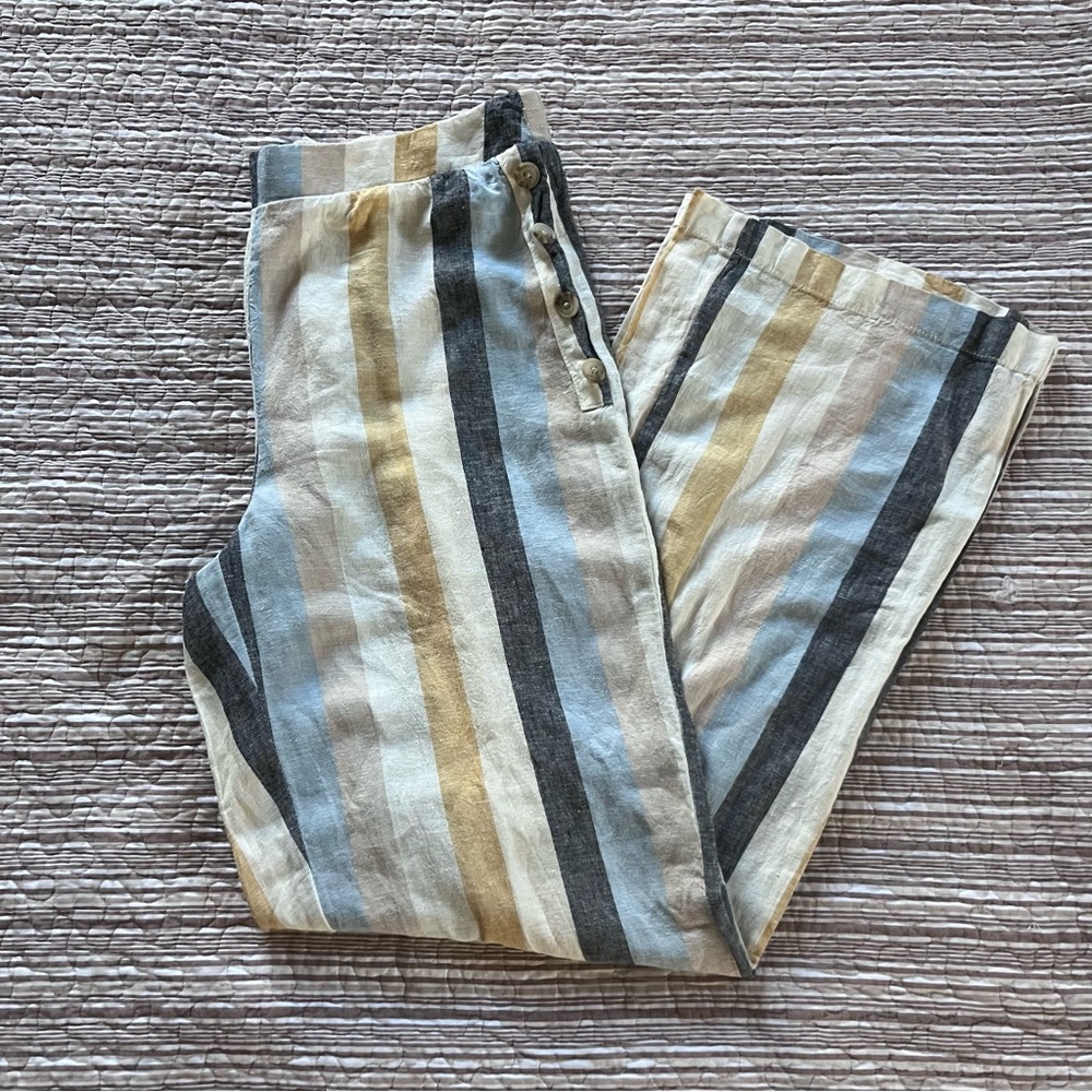 NWT Cato Linen-Blend Vertical Stripe Wide-Leg Pants in Blue, Pick, & Yellow